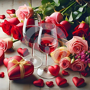 Valentines day background with red roses, gift box and two glasses of champagne